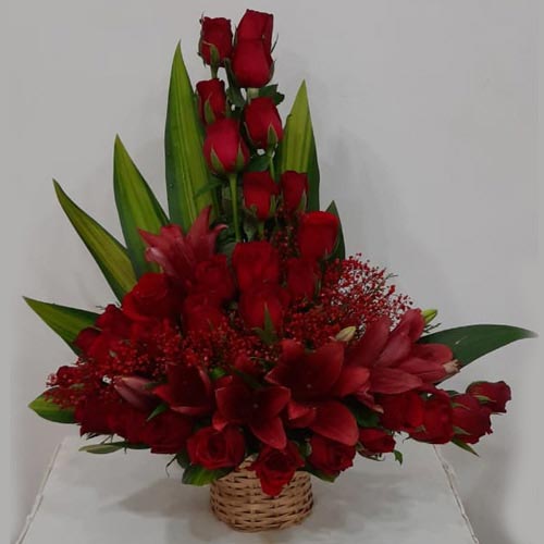 Striking Arrangement of Red Roses N Lilies