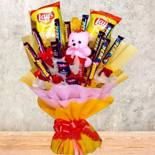 Remarkable Bouquet of Chocolates Chips N Teddy