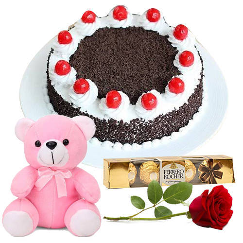 Delicious Ferrero Rocher with Teddy, Rose N Eggless Black Forest Cake