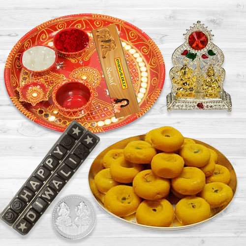 Pooja Samagri Hamper with Peda and Chocolate with free silver plated coin for Diwali.