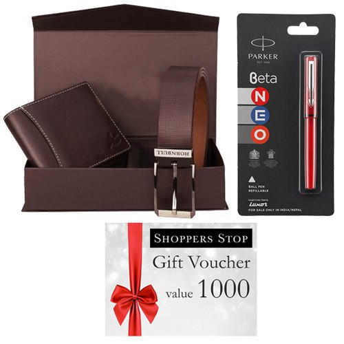 Mind Blowing Combo of Shoppers Stop Gift Voucher worth Rs.1000 Parkar Beta Pen and Box of Wallet N Belt
