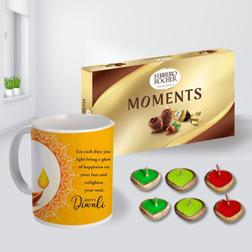 Attractive Personalized Diwali Message Mug Ferrero Rocher Chocolates n Free Diya