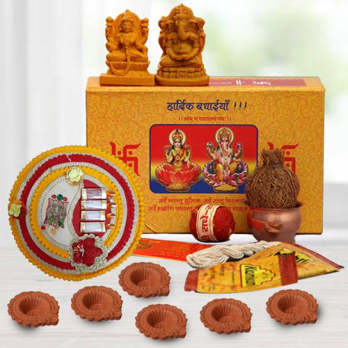Special Gift Box of Ganesh Laxmi Idol Diwali Pooja Samagri Pooja Thali n Diya