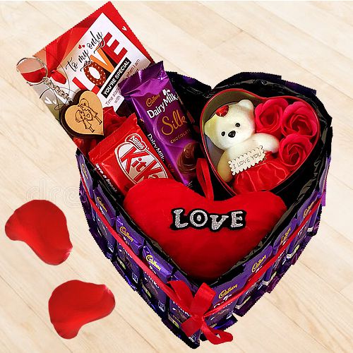 Lovely Assorted Chocolates n Cushion with Teddy n Art Roses with Love Card