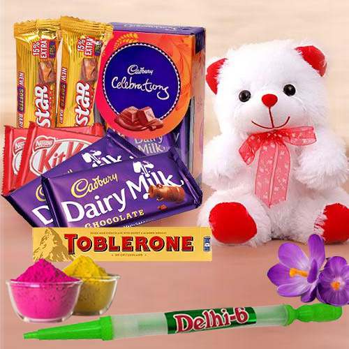 Splendid Cadbury Chocolates N Teddy with Holi Accessories