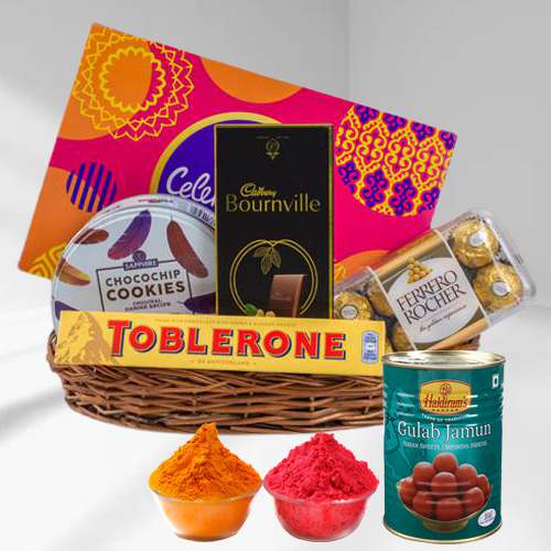 Exciting Holi Gift of Chocolate Cookies N Sweets with Herbal Gulal