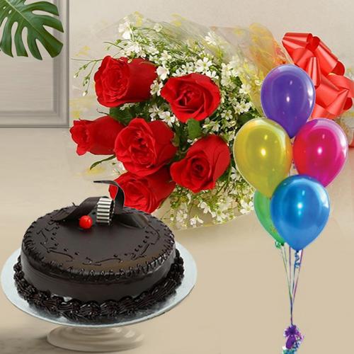 Rose Bouquet with Balloons N Chocolate Cake
