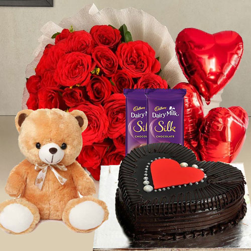 Chocolates with Balloons, Teddy, Red Roses N Cake