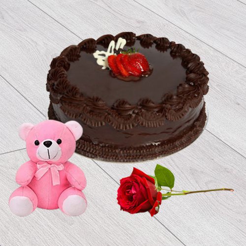 Yummy Chocolate Cake with Teddy N Red Rose