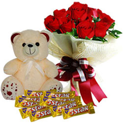Charming Red Roses Bouquet with Cadbury 5 Star N Teddy