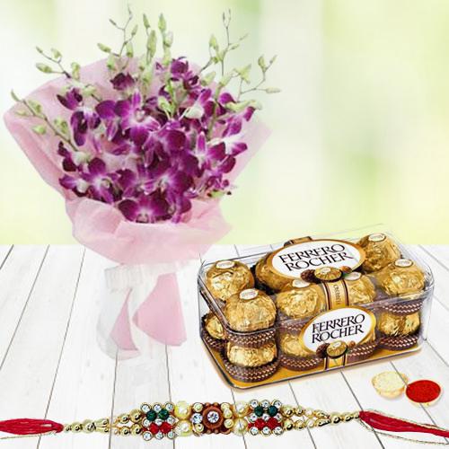 Ferrero Rocher Chocolates n Rakhi with Orchid Bouquet