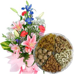 Lovely Seasonal Flowers Bouquet with Assorted Dry Fruits