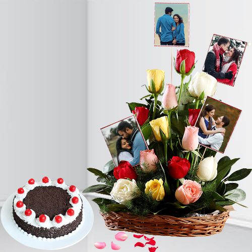 Lovely Gift of Mixed Roses N Personalized Photo Basket with Black Forest Cake