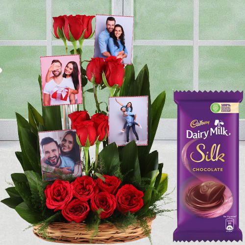 Spectacular Personalized Photo n Red Roses Basket with Cadbury Silk