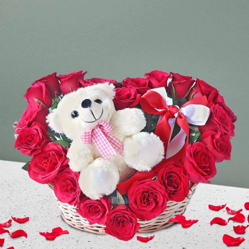 Love Filled Basket of 25 Red Roses with Plush Teddy