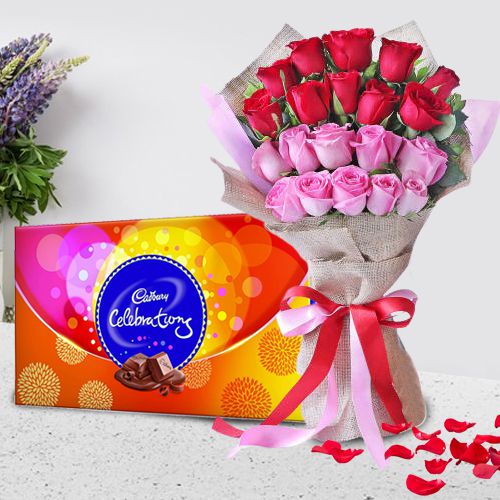 Splendid Red n Pink Roses Bouquet with Cadbury Celebration