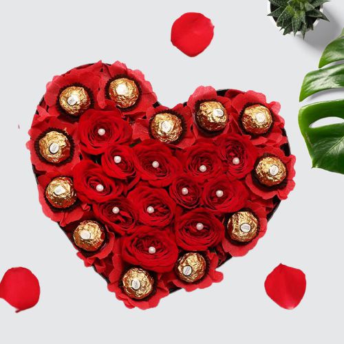 Fabulous Red Roses n Ferrero Rocher Heart Shape Arrangement