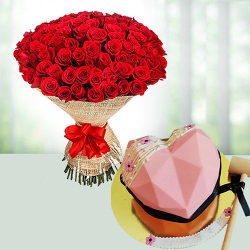 Appealing 100 Red Roses Bouquet n Heart Shape Strawberry Pinata Cake