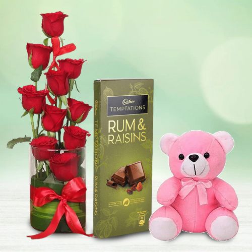 Tempting Cadbury Temptation with Love Teddy N Red Roses in Vase