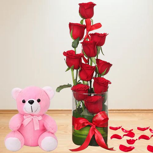 Valentine Special Red Roses in Vase Chocolate Cake n Teddy