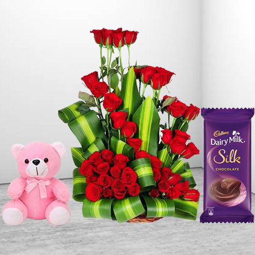 Spectacular Red Roses Arrangement with Cute Teddy n Cadbury Chocolate