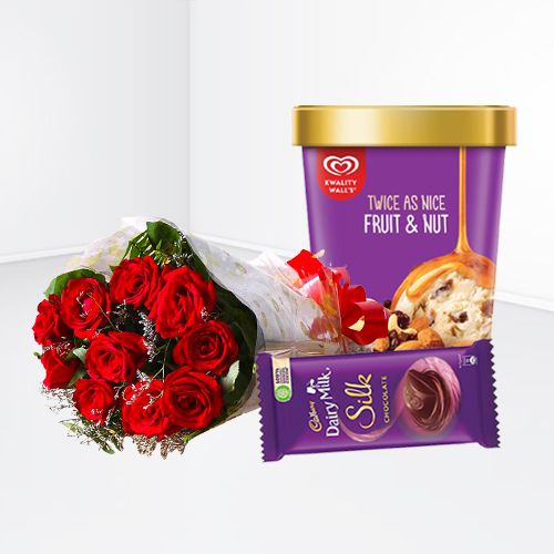 Dazzling Roses with Fruity N Nutty Kwality Walls Ice Cream N  Cadbury Chocolate