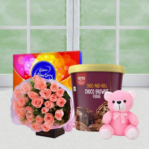 Charming Roses with Kwality Walls Choco Brownie Ice Cream Cadbury Celebration N Teddy
