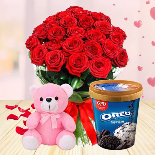 Splendid Roses Hand Bouquet with Kwality Walls Oreo Ice Cream N Teddy