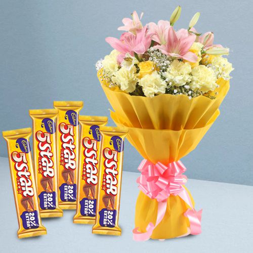 Mystical Love Yellow N Pink Flowers Bouquet with Cadbury 5 Star