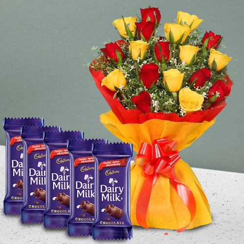 Cheerful Selection of Mixed Roses Bouquet n Cadbury Dairy Milk