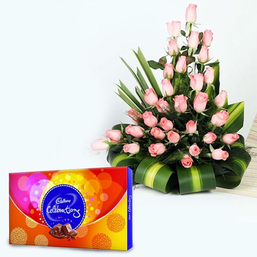 Lovers Story Pink Roses Basket with Cadbury Celebrations