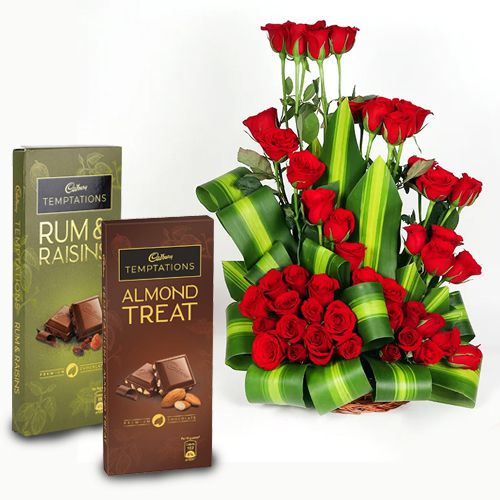Resonating Love 50 Red Roses Arrangement with Tempting Temptations