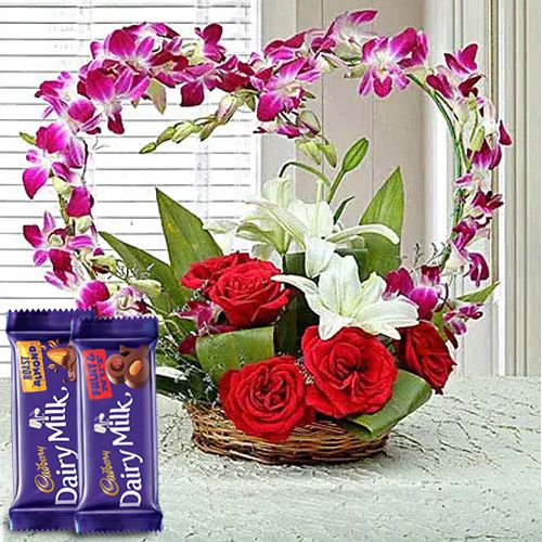 Heart Shape Arrangement of Mixed Flowers with Cadbury Chocolates