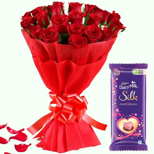 Blushy Valentine Red Roses Bouquet with Luscious Cadbury Chocolates