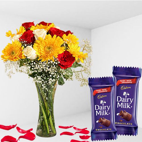 Scintillating Floral Mix Vase n Cadbury Dairy Milk Gift Combo