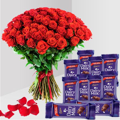 Scarlet 50 Red Roses Bouquet with Cadbury Dairy Milk Bar