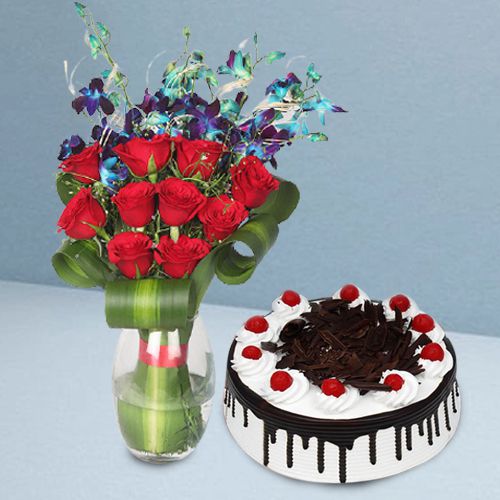 Love Filled Red Roses n Blue Orchids in Vase with Black Forest Cake for Valentine