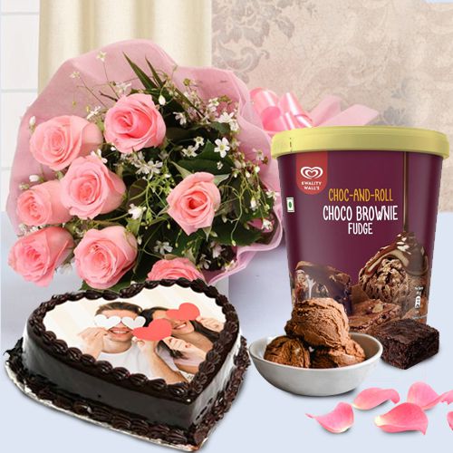 Breathtaking Pink Roses with Kwality Walls Choco Brownie Ice Cream n Love Photo Cake