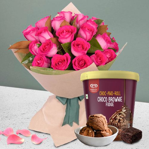 Gorgeous Pink Roses Bouquet with Kwality Walls Choco Brownie Fudge Ice Cream