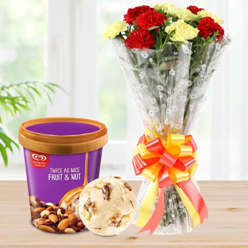 Delightful Red n Yellow Carnations Bouquet with Fruit n Nut Ice-Cream from Kwality Walls