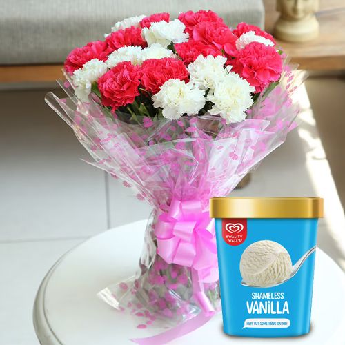 Magnificent Pink n White Carnations with Vanilla Ice Cream from Kwality Walls