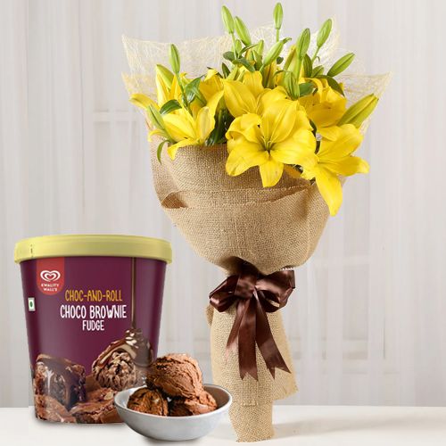 Majestic Yellow Lilies Bouquet with Choco Brownie Fudge Ice Cream from Kwality Walls