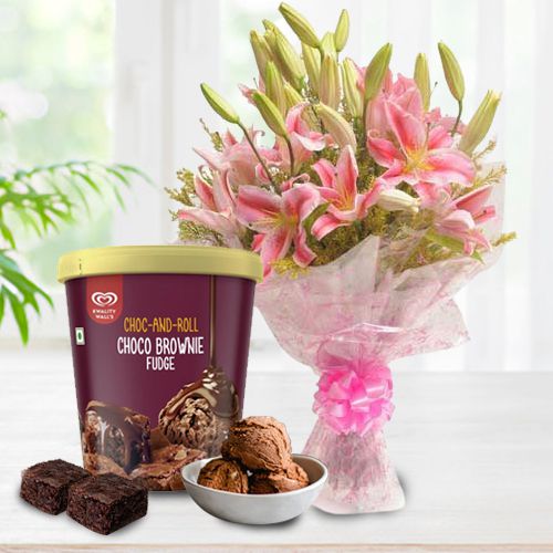 Arresting Pink Lilies Bouquet with Choco Brownie Fudge Ice Cream from Kwality Walls