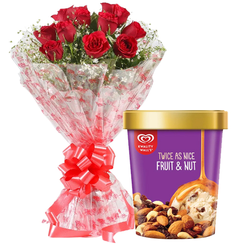Graceful Red Roses Bouquet with Fruit n Nut Ice-Cream from Kwality Walls