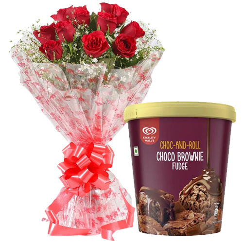 Enchanting Bouquet of Red Roses with Choco Brownie Fudge Ice Cream from Kwality Walls