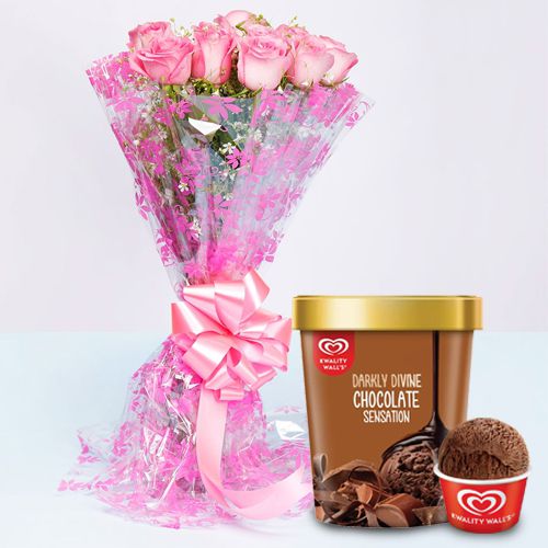 Stunning Pink Roses Bouquet with Chocolate Ice-Cream from Kwality Walls
