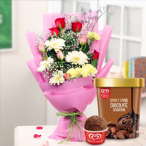 Premium Mixed Flower Arrangement with Chocolate Ice-Cream from Kwality Walls