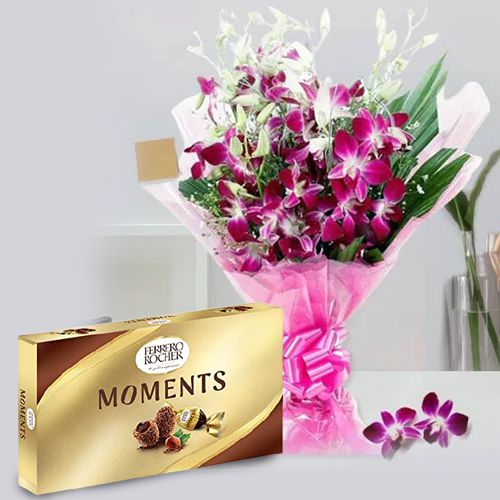 Fresh Bouquet of Orchids N Ferrero Rocher Chocolate Box
