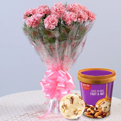 Glorious Pink Carnation Bouquet with Kwality Walls Fruit n Nut Ice Cream