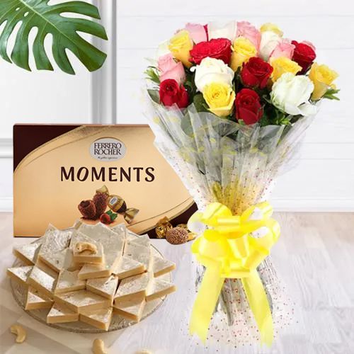 Delightful Mixed Roses Bouquet with Kaju Barfi N Ferrero Rocher Moments